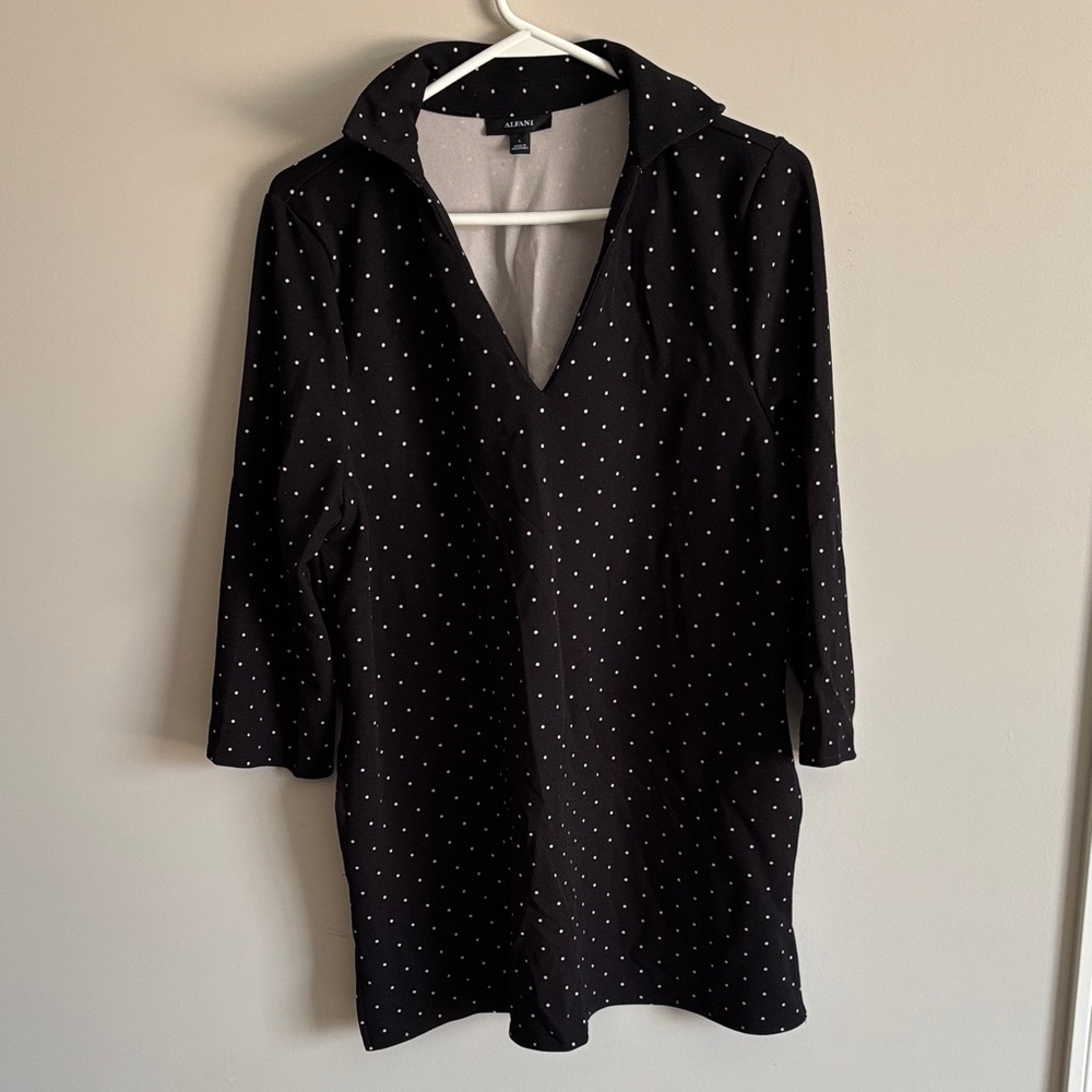 Alfani Black Polka Dot V-Neck Tunic with Collar